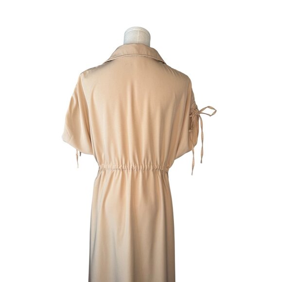 Deli.S Beige Size 8 Button-Down Midi Dress Drawstring Waist & Tie Sleeves - Picture 13 of 16